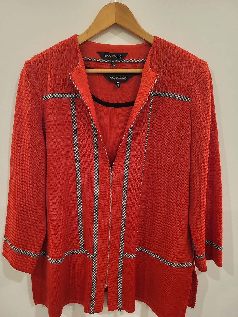 Ming Wang Red w/Black White Gingham Trim 2PC Zip-Front Cardigan Set M Travel